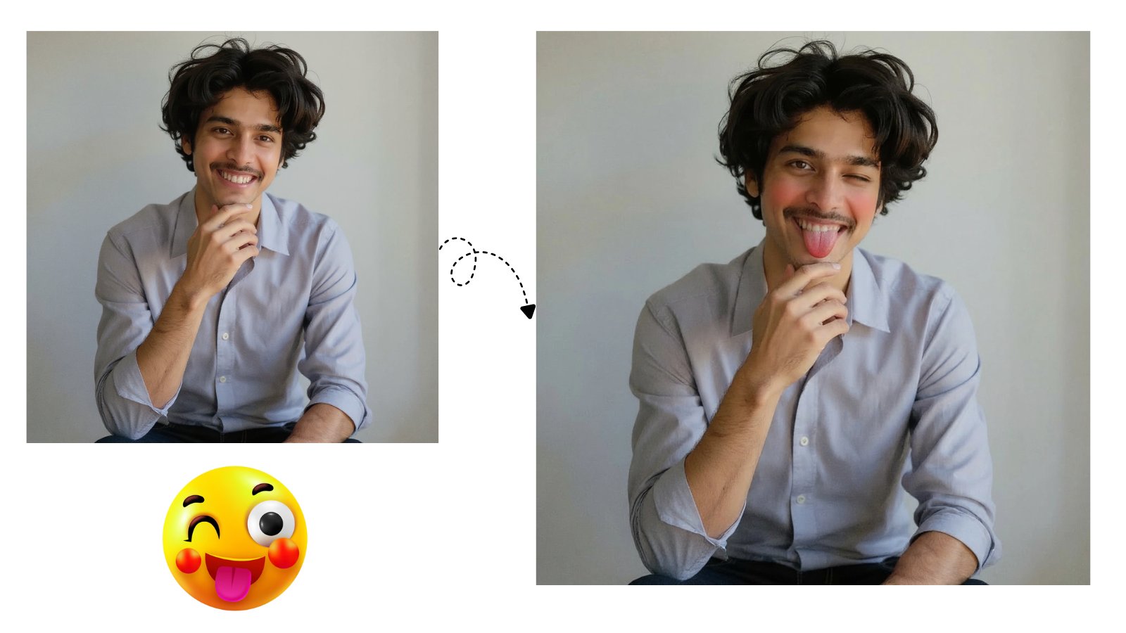 Blend the expression of the attached emoji onto the subject's face, ensuring it looks photorealistic and natural, with no cartoon elements.