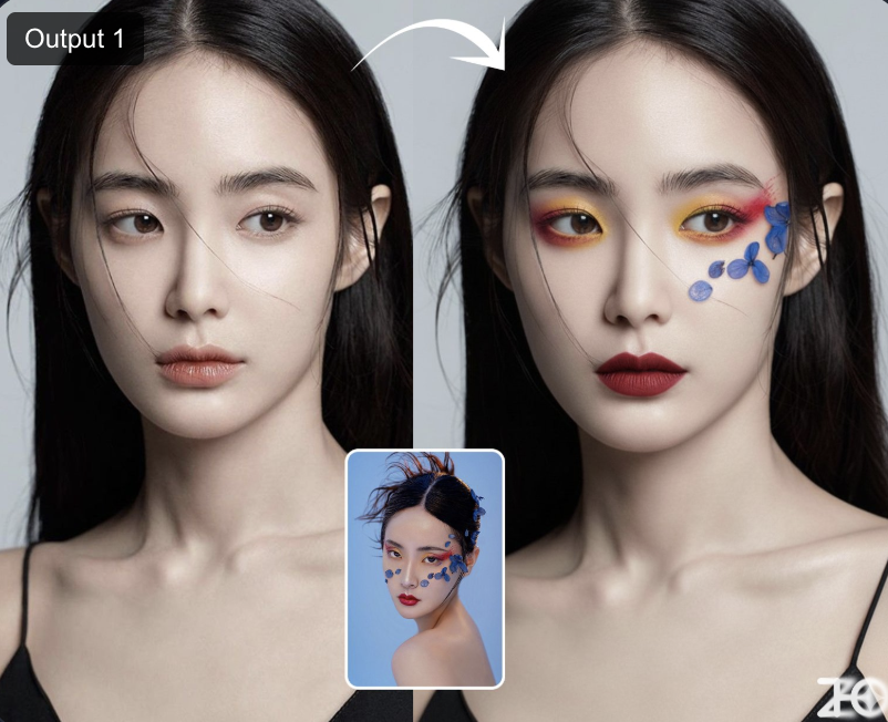 Apply the makeup from Image 2 to the character in Image 1, while maintaining the pose from Image 1.