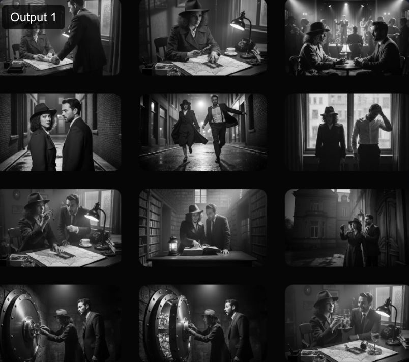 Create an addictively intriguing 12 part story with 12 images with these two characters in a classic black and white film noir detective story. 