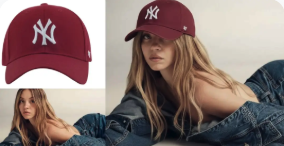  Put the baseball hat on the woman 