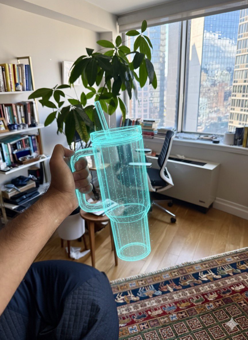 Turn the object I’m holding into a 3D transparent line art hologram