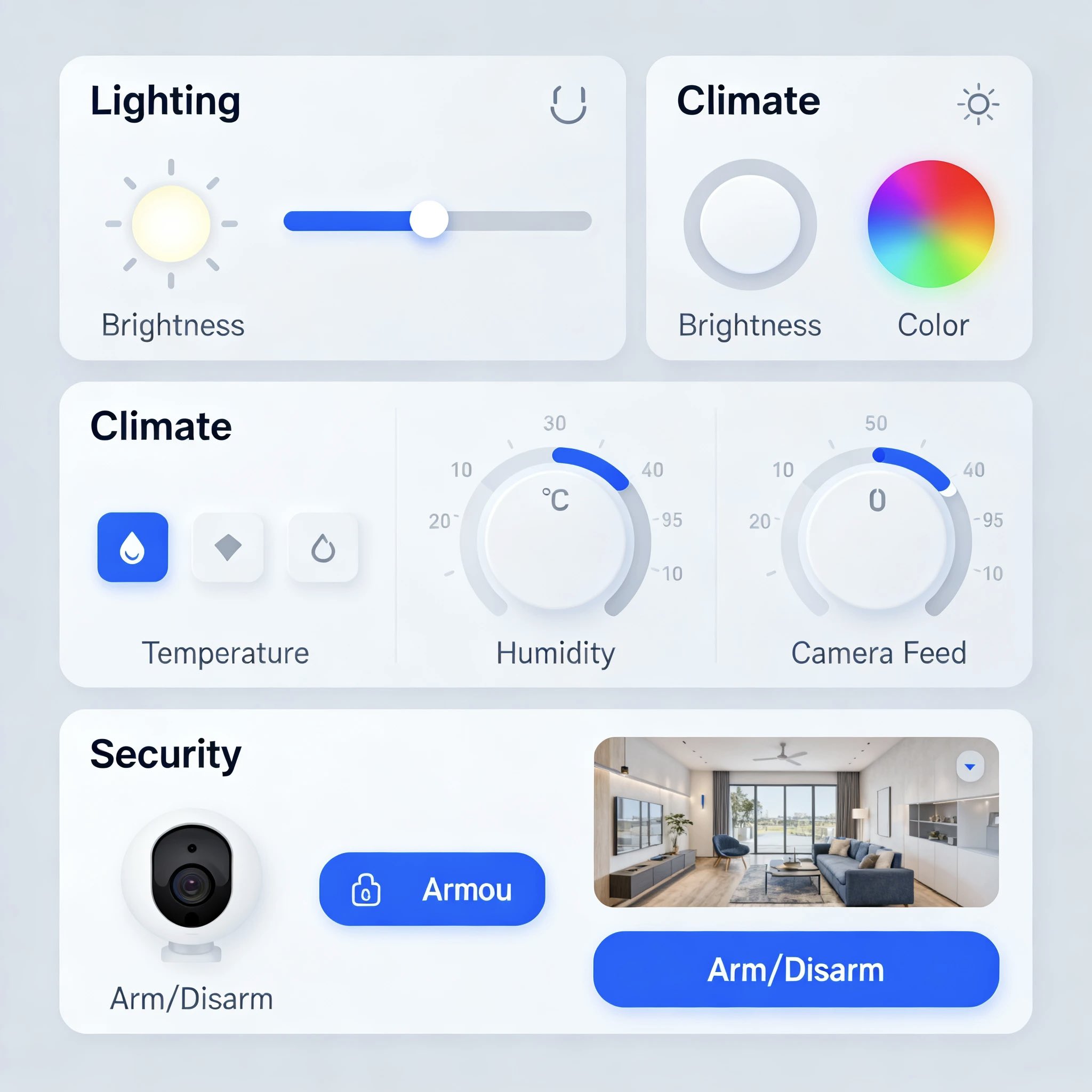  An interface design for a smart home app, showing a sleek, intuitive layout that allows users to control lighting, climate, and security with a touch.