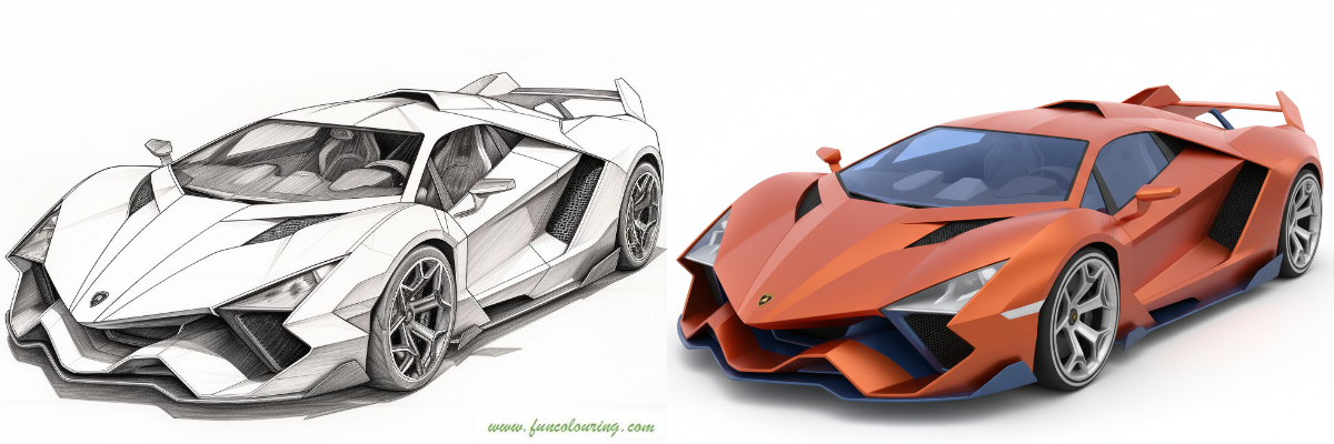 render the sketch as a colorful 3D cartoon car with smooth shading.